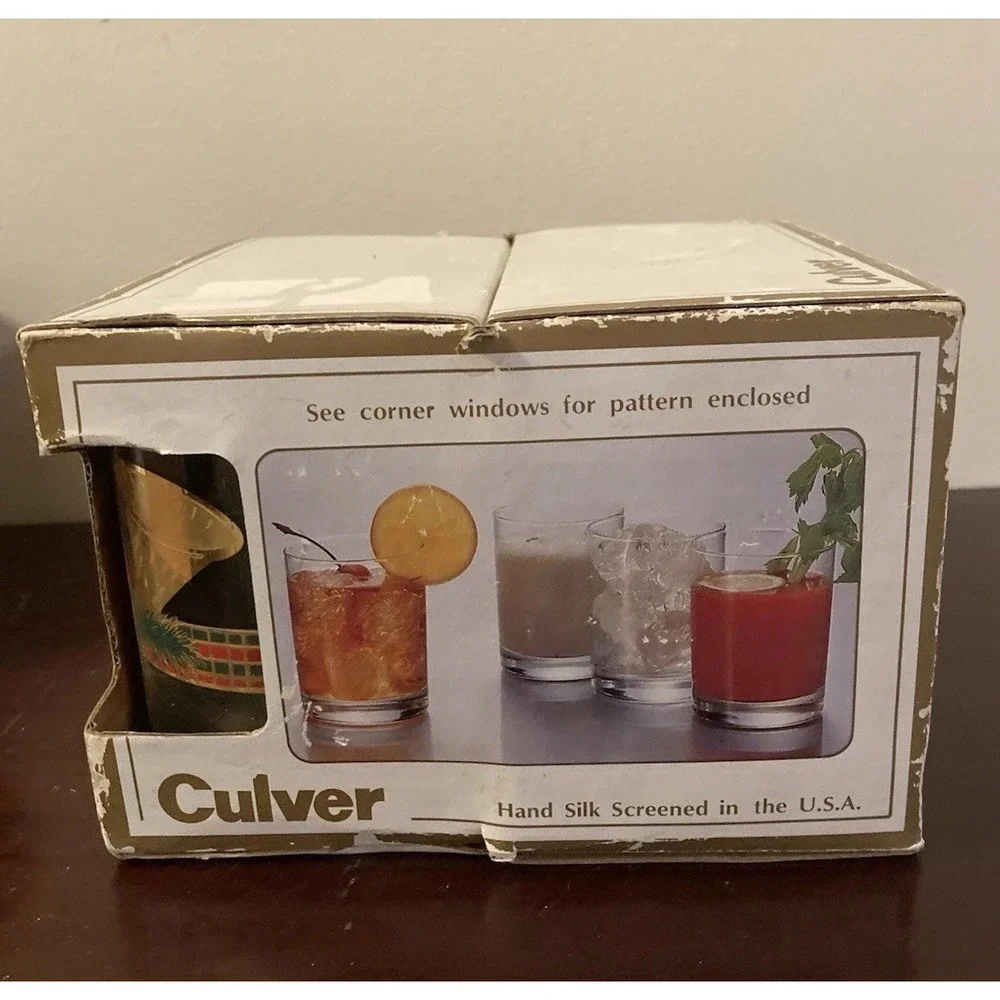 Set Of 4 Vintage‎ MCM Culver Glasses 22k Gold Christmas Yule Horn With Box
